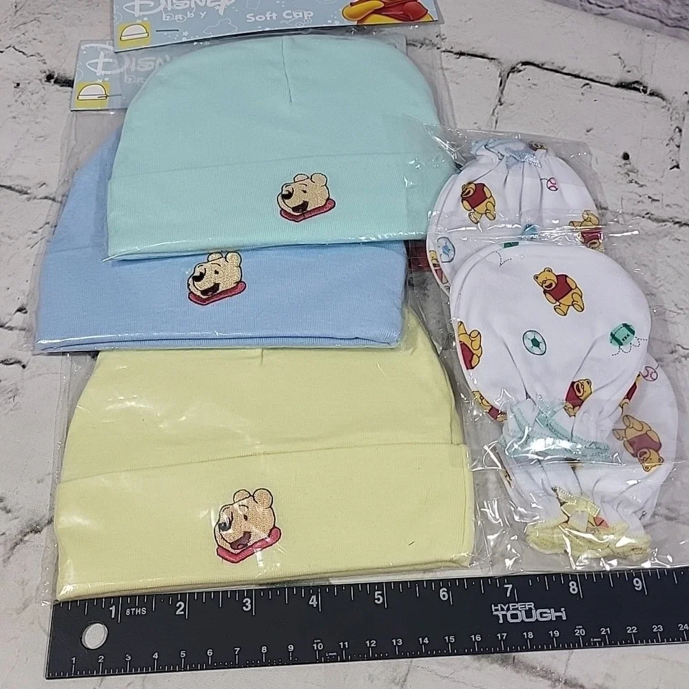 Disney Baby‎ Winnie The Pooh Infant Soft Cap Hats Mittens Lot Blue Green Yellow